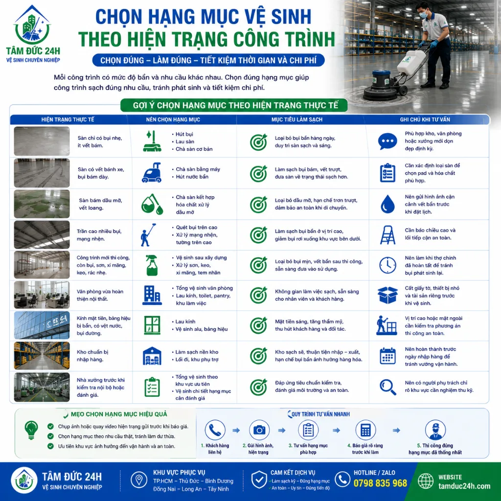 Chọn hạng mục vệ sinh theo hiện trạng công trình