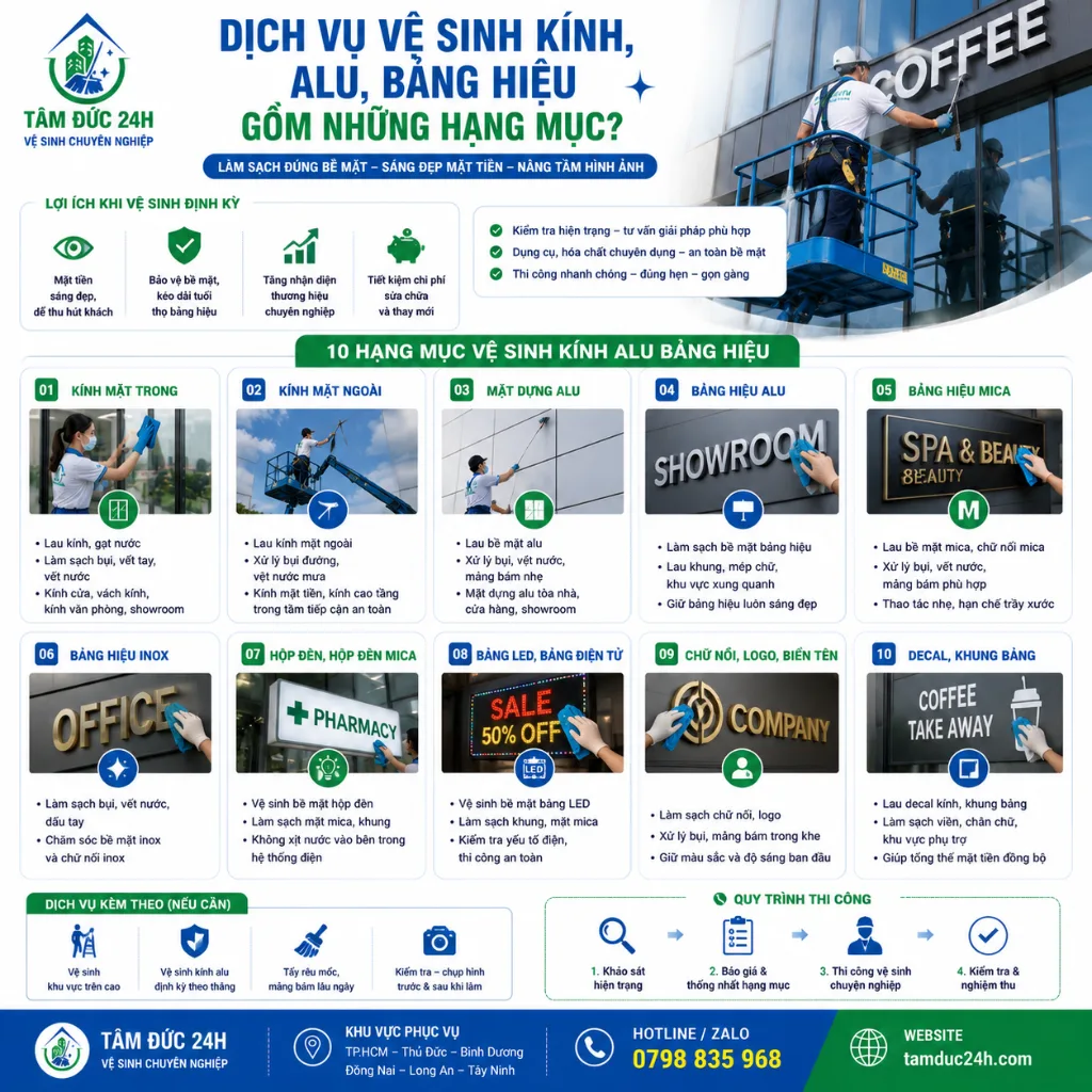 Dịch vụ vệ sinh kính alu bảng hiệu gồm những hạng mục