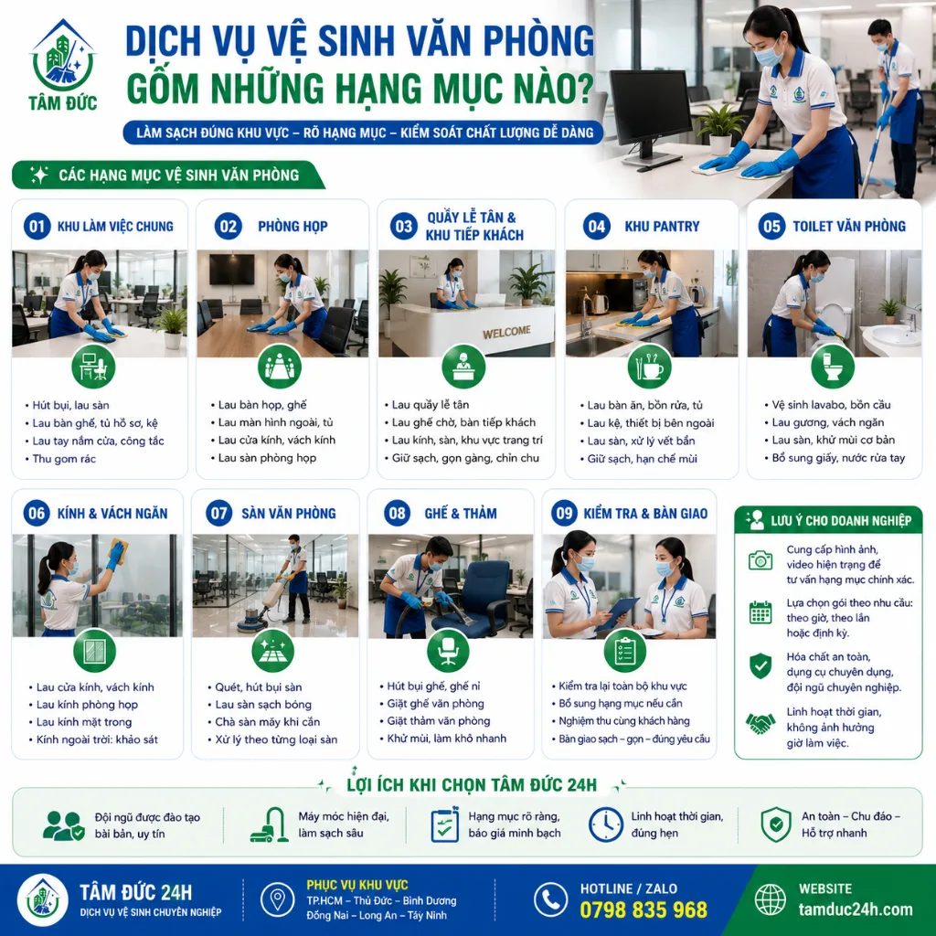 Dịch vụ vệ sinh văn phòng gồm những hạng mục
