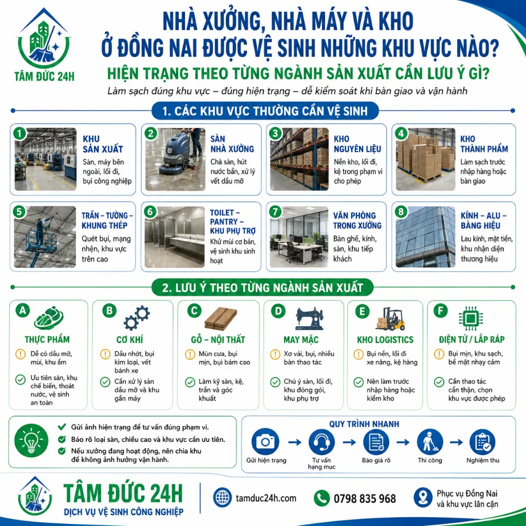 Nhà xưởng, nhà máy và kho ở Đồng Nai được vệ sinh những khu vực nào
