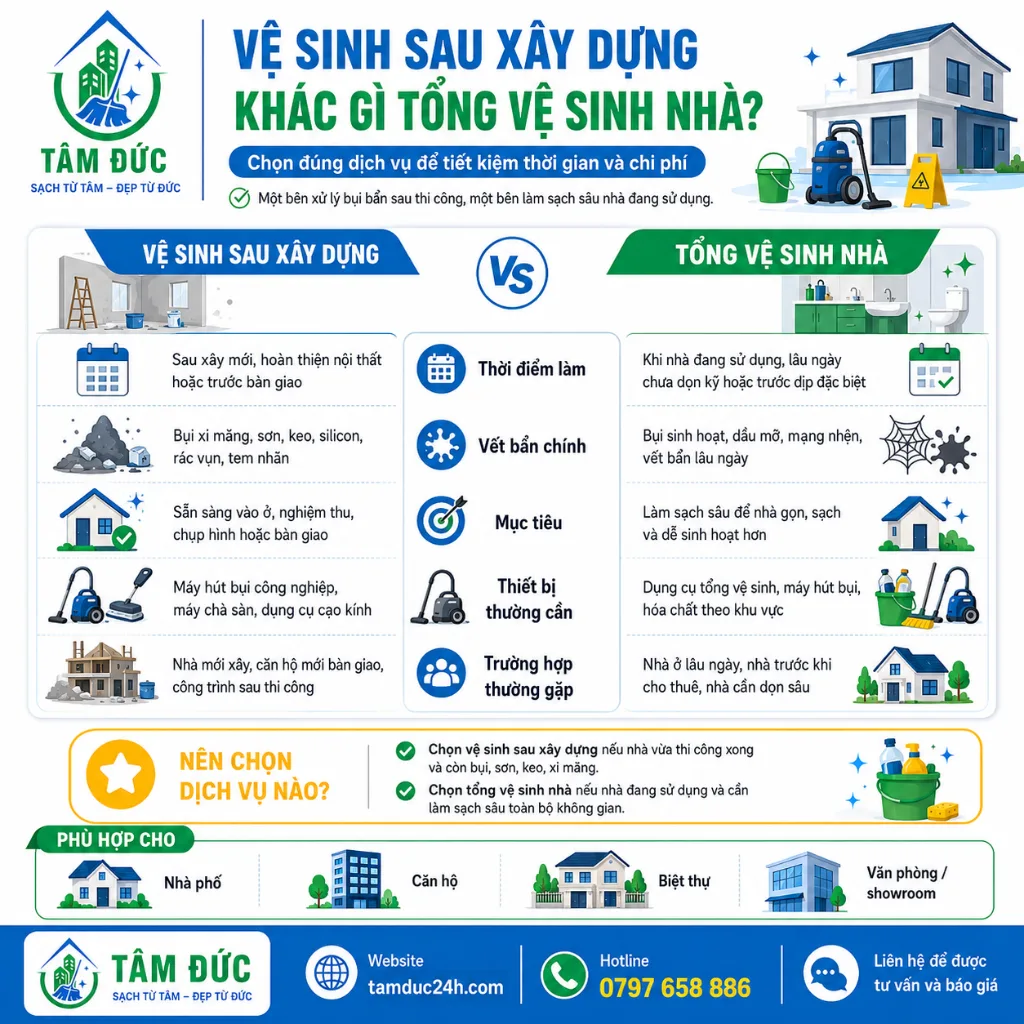 Vệ sinh sau xây dựng khác gì tổng vệ sinh nhà?
